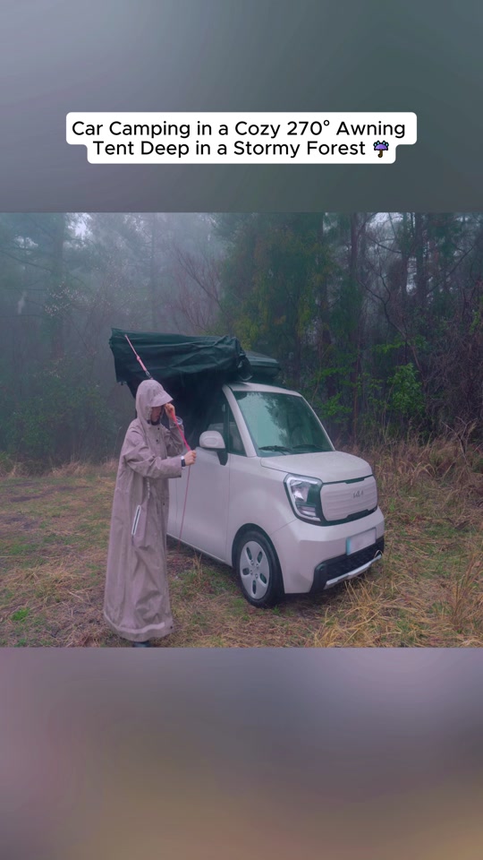 Car Camping in a Cozy 270° Awning Tent Deep in a Stormy Forest ☔️ thumbnail from TikTok