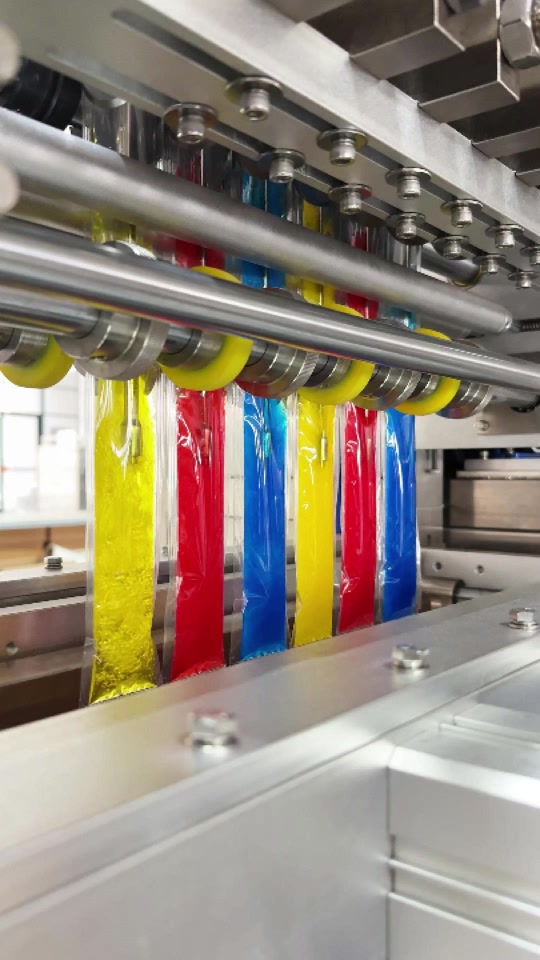 6 tracks multi lane liquid fill seal packing machine. Multi-color liquid demo showing 4-lane efficiency, ideal for pa... thumbnail from TikTok