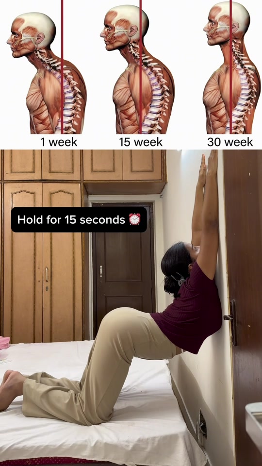 Neck hump, bad posture, rounded shoulders, or a stiff back? Try this simple stretch daily! 🧘‍♀️ Hold for 50 seconds ... thumbnail from TikTok